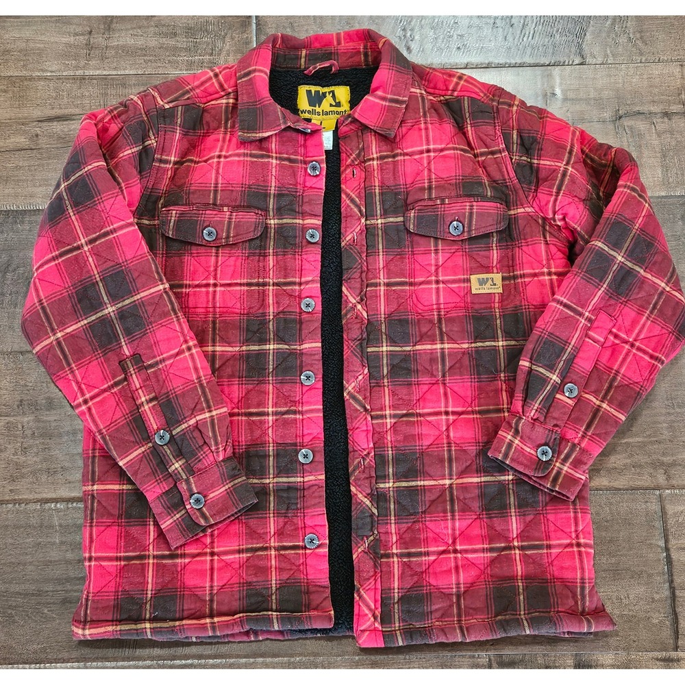 Vintage Wells Lamont Mens Red Plaid Quilted Sherpa Lined Flannel Shirt Jacket  L
